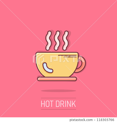 Coffee cup icon in comic style. Hot tea cartoon vector illustration on isolated background. Drink mug splash effect business concept. 118303766