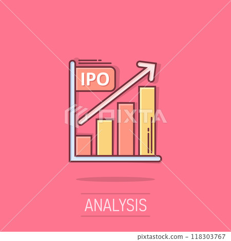 Chart graph icon in comic style. Arrow grow cartoon vector illustration on isolated background. Analysis splash effect business concept. 118303767