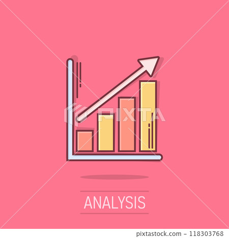 Chart graph icon in comic style. Arrow grow cartoon vector illustration on isolated background. Analysis splash effect business concept. 118303768