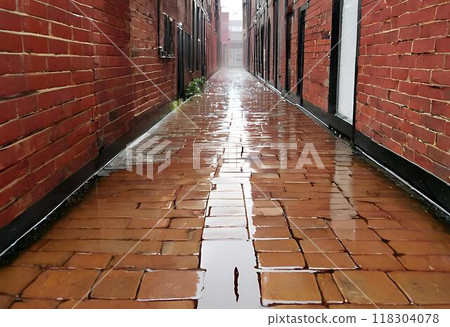 The wet brick walkway is slippery to walk on but beautiful.AI Generated 118304078