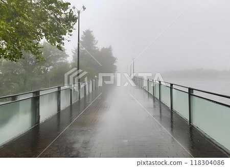 Bridge for sea views, shrouded in rain and thick fog.AI Generated 118304086