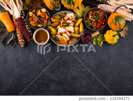 Traditional Thanksgiving day dinner with turkey Traditional Thanksgiving day dinner with turkey 118304277