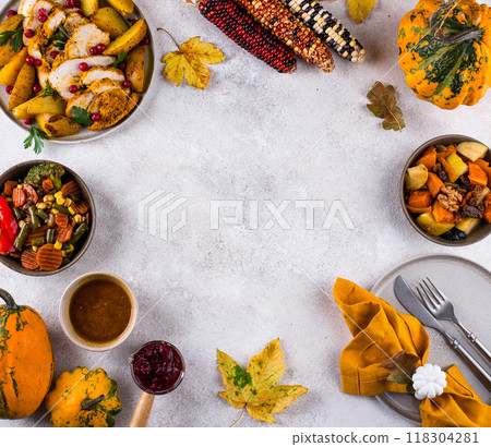 Traditional Thanksgiving day dinner with turkey Traditional Thanksgiving day dinner with turkey 118304281
