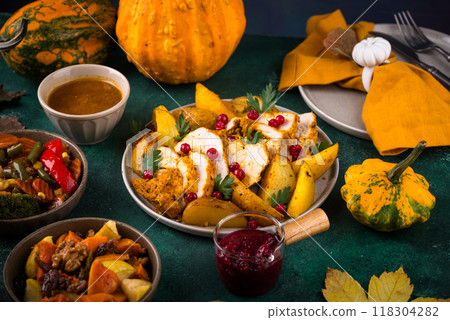 Traditional Thanksgiving day dinner with turkey 118304282