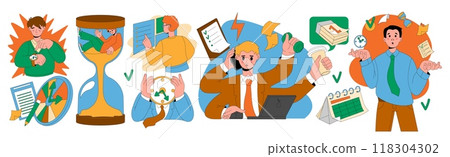 Time management. Business deadline. Effective employee works. Clock and calendar. Appointments schedule. Office people. Multitasking job. Goal planner. Personal tasks agenda. Vector busy managers set Time management. Business deadline. Effective employee works. Clock and calendar. Appointments schedule. Office people. Multitasking job. Goal planner. Personal tasks agenda. Vector busy managers set 118304302