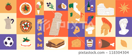 Italy illustration. Italian food. Pisa tower icon. Wine bottle. Pasta and pizza. Rome culture. Olive brunch. Summer vacation. Doodle collage. Gladiator helmet. Clipart travel sight. Vector cartoon set 118304304