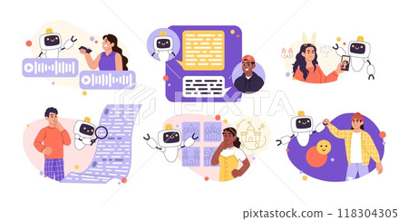 Robot software. AI person. Work technology QA. Digital assistant checking error and searching mistake. GPT chatbot people. Phone chat bot application. People and android dialogs. Vector concepts set 118304305