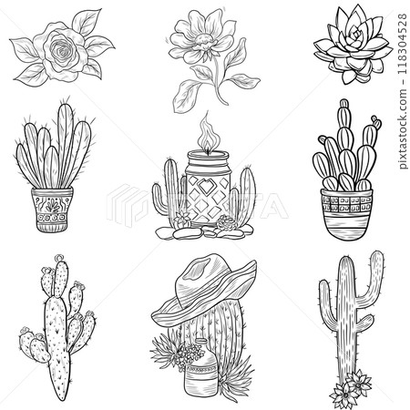 Vector set of cacti. Hand drawn Cinco de Mayo illustration. Halloween outlines. 118304528