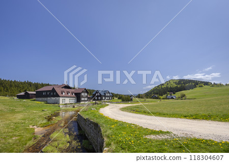 Spring landscape with Jizerka near Korenov, Northern Bohemia, Czech Republic 118304607