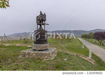 Old wine press near Castello di Razzano and Alfiano Natta, Barolo wine region, province of Cuneo, region of Piedmont, Italy 118304692