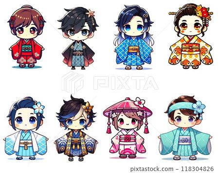 Cute chibi characters in Japanese kimono 118304826