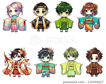 Cute chibi characters in Japanese kimono 118304827