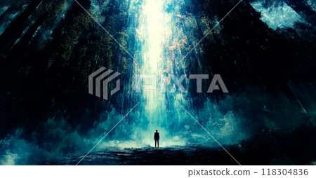 A solitary figure stands dwarfed by an epic waterfall, bathed in cinematic light, amidst a surreal, dark blue and white fantasy landscape. 118304836