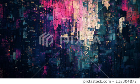 A dynamic abstract composition of pixelated blocks in vibrant neon hues, reminiscent of a futuristic cityscape. 118304872