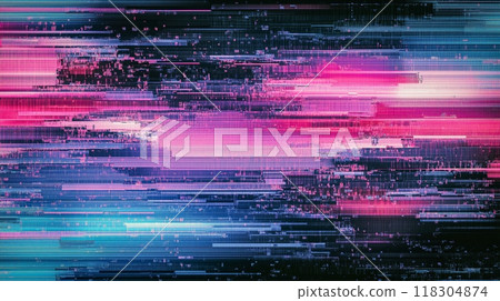 A dynamic abstract composition featuring vibrant streaks of pink, blue, and purple, reminiscent of a digital glitch. 118304874