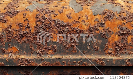 A close-up of weathered metal with peeling paint and extensive rust, showcasing the effects of corrosion. 118304875