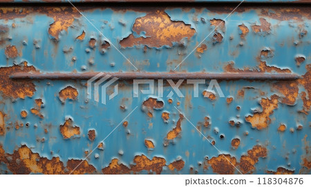A weathered metal surface with peeling blue paint, revealing rust underneath, creating a textured and aged appearance. 118304876