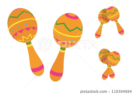 Mexican maracas musical instrument with traditional geometric pattern. Festive carnival accessory. Bright isometric vector isolated on white background 118304884