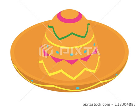 Straw festive Mexican sombrero hat with traditional geometric pattern. Festive carnival accessory. Bright isometric vector isolated on white background Straw festive Mexican sombrero hat with traditional geometric pattern. Festive carnival accessory. Bright isometric vector isolated on white background 118304885