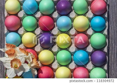 area laid out of colored Easter eggs area laid out of colored Easter eggs 118304972