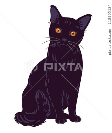 Black cat, vector illustration, cartoon character, animal in flat style. Magic familiar for witch, totem animal, symbol of wisdom and knowledge. Kitten sits and looks straight, on white background. 118305124