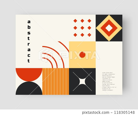 Neo geo poster. Abstract color card. Minimal figures collage. Bright squares. Flat stars and circles. Bauhaus block shapes. Modern geometric composition. Triangle forms. Vector brutalist banner design Neo geo poster. Abstract color card. Minimal figures collage. Bright squares. Flat stars and circles. Bauhaus block shapes. Modern geometric composition. Triangle forms. Vector brutalist banner design 118305148