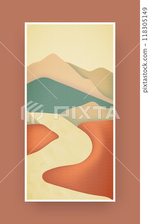 Modern sunset poster. Vertical banner. Mountain, river and sky. Abstract summer background. Wall art design. Creative minimalist trendy paint. Forest hill. Vector contemporary panorama illustration Modern sunset poster. Vertical banner. Mountain, river and sky. Abstract summer background. Wall art design. Creative minimalist trendy paint. Forest hill. Vector contemporary panorama illustration 118305149
