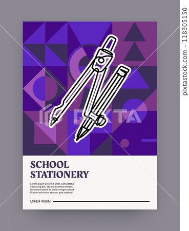 Line stationery. School education tools. Studying supplies. Abstract geometric flat shapes. Math compass with pencil. College flyer. Brochure template. Outline drawing. Brutalist design vector poster 118305150