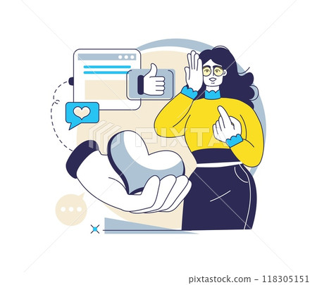 Content creation. Social media blogger. Online communication. Likes and comments. Favorite internet influencer. Web blogging. Digital technology. Messenger chatting. Subscribers hearts. Vector concept Content creation. Social media blogger. Online communication. Likes and comments. Favorite internet influencer. Web blogging. Digital technology. Messenger chatting. Subscribers hearts. Vector concept 118305151