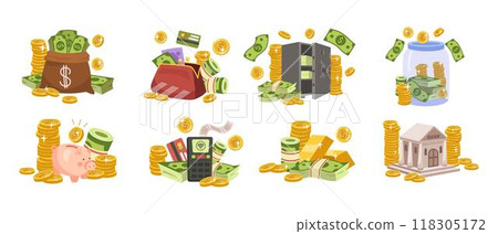 Cash dollar. Money rich pile. Green banknotes stack. Gold coins in safe. Paper bill. Wealth savings sign. Business finance. Bank icon. Financial success. Credit card payment. Vector cartoon tidy set Cash dollar. Money rich pile. Green banknotes stack. Gold coins in safe. Paper bill. Wealth savings sign. Business finance. Bank icon. Financial success. Credit card payment. Vector cartoon tidy set 118305172