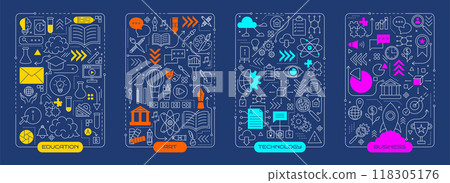 Technology education infographic. People brainstorm. Line icons. Startup creative art. Business process. Abstract graphic diagram. Smart brain. Search system concept. Vector garish flat pictograms set 118305176