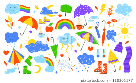 Rainy season. Weather sticker. Rain water drops. Monsoon and thunderstorm. Sky sun and rainbow. Flat umbrella under raindrops. Autumn boot in puddle. Cloud faces. Hat with scarf. Vector garish set 118305177
