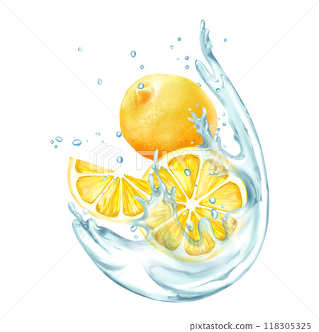 Lemons slices in water splashes. Fruit illustration on white background 118305325
