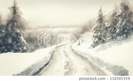 Snowy road illustration (AI generated material) 118305359