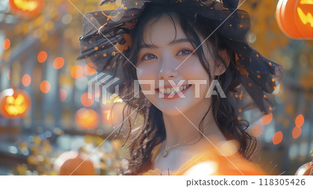 戴著萬聖節帽子的日本女人 118305426