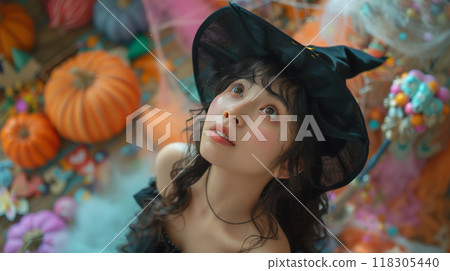 Japanese woman wearing a Halloween hat 118305440