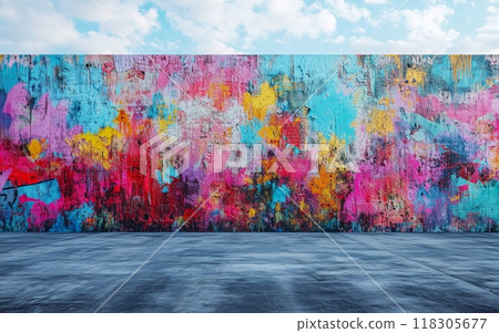 A vibrant explosion of colors dances across a weathered wall, creating a dynamic, urban backdrop. 118305677
