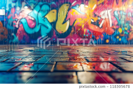 Raindrops cascade down a vibrant graffiti wall, reflecting colorful splashes onto a glistening brick pavement. Raindrops cascade down a vibrant graffiti wall, reflecting colorful splashes onto a glistening brick pavement. 118305678