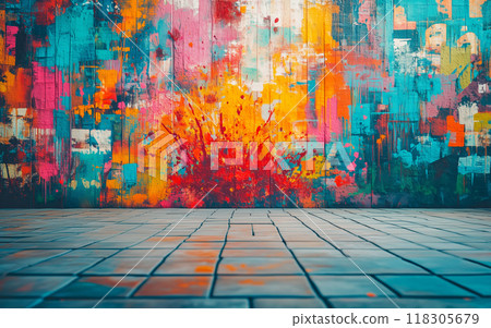 A vibrant explosion of colors dances across the weathered brick wall, leaving a captivating abstract masterpiece. A vibrant explosion of colors dances across the weathered brick wall, leaving a captivating abstract masterpiece. 118305679
