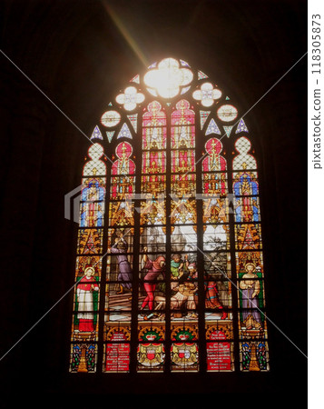 Saint-Michel Cathedral (Brussels/Belgium) Beautiful stained glass inside the cathedral Saint-Michel Cathedral (Brussels/Belgium) Beautiful stained glass inside the cathedral 118305873