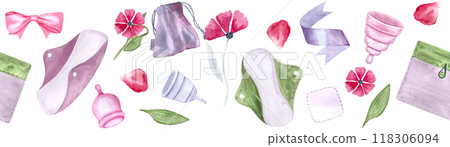 A menstrual cup, a period pad, a fabric pouch ribbons petals watercolor seamless border isolated on white. Great for eco-friendly menstrual care design, packaging, websites, tape Sustainable lifestyle 118306094