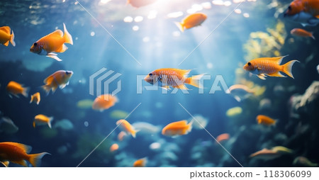 A vibrant school of orange fish swims gracefully through crystal-clear water, bathed in sunlight. 118306099