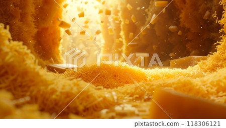 Golden light shines through an opening in a cavernous structure, illuminating shredded, fluffy textures and cascading cubes, creating a surreal, abstract landscape. 118306121