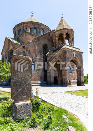 view of ancient khachkar and St Hripsime Church 118306184