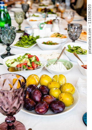 served table before lunch in tourist restaurant 118306203