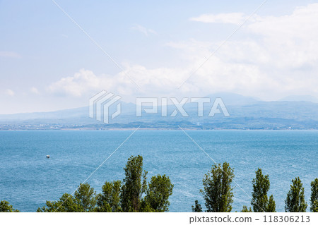 view of coastline of Lake Sevan, Armenia in summer view of coastline of Lake Sevan, Armenia in summer 118306213