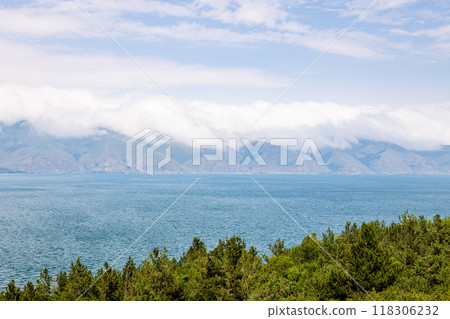 clouds on mountain coast of Lake Sevan, Armenia 118306232