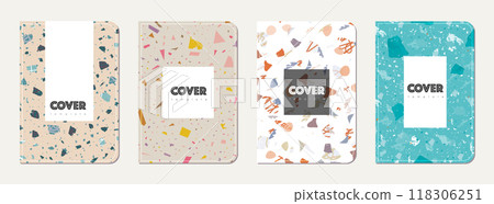 Notebook cover design. Terrazzo abstract background made of natural stones, granite, quartz and marble. Venetian terrazzo texture notebook cover template. Notebook cover design. Terrazzo abstract background made of natural stones, granite, quartz and marble. Venetian terrazzo texture notebook cover template. 118306251