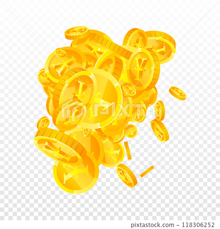 Japanese yen coins falling. Scattered gold JPY coins. Japan money. Great business success concept. Square vector illustration. 118306252