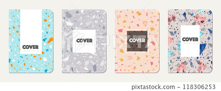 Notepad cover design. Terrazzo abstract background made of natural stones, granite, quartz and marble. Venetian terrazzo texture notepad cover template. Notepad cover design. Terrazzo abstract background made of natural stones, granite, quartz and marble. Venetian terrazzo texture notepad cover template. 118306253
